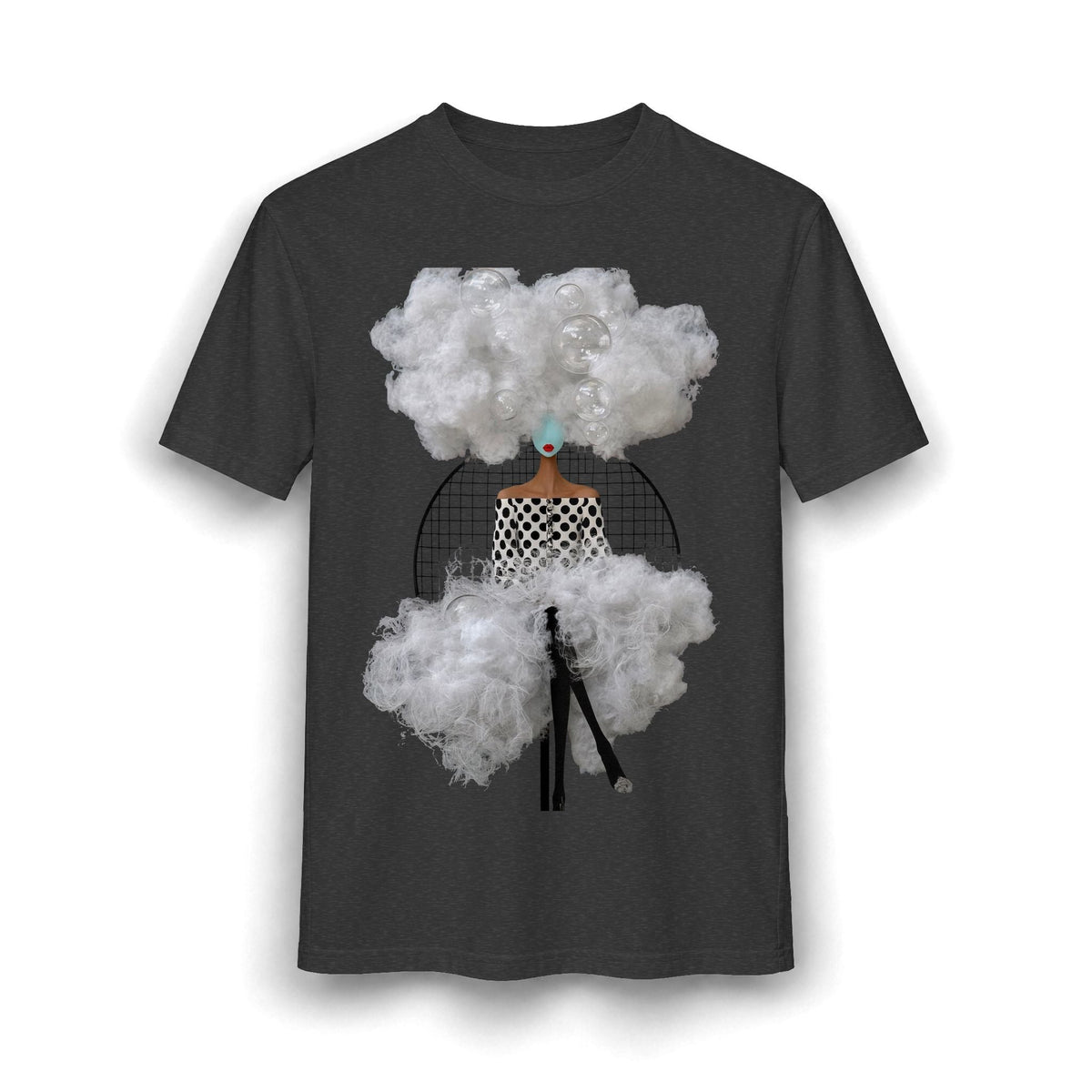 PURETE charcoal grey graphic t-shirt featuring an abstract surrealist collage of a woman surrounded by white clouds.