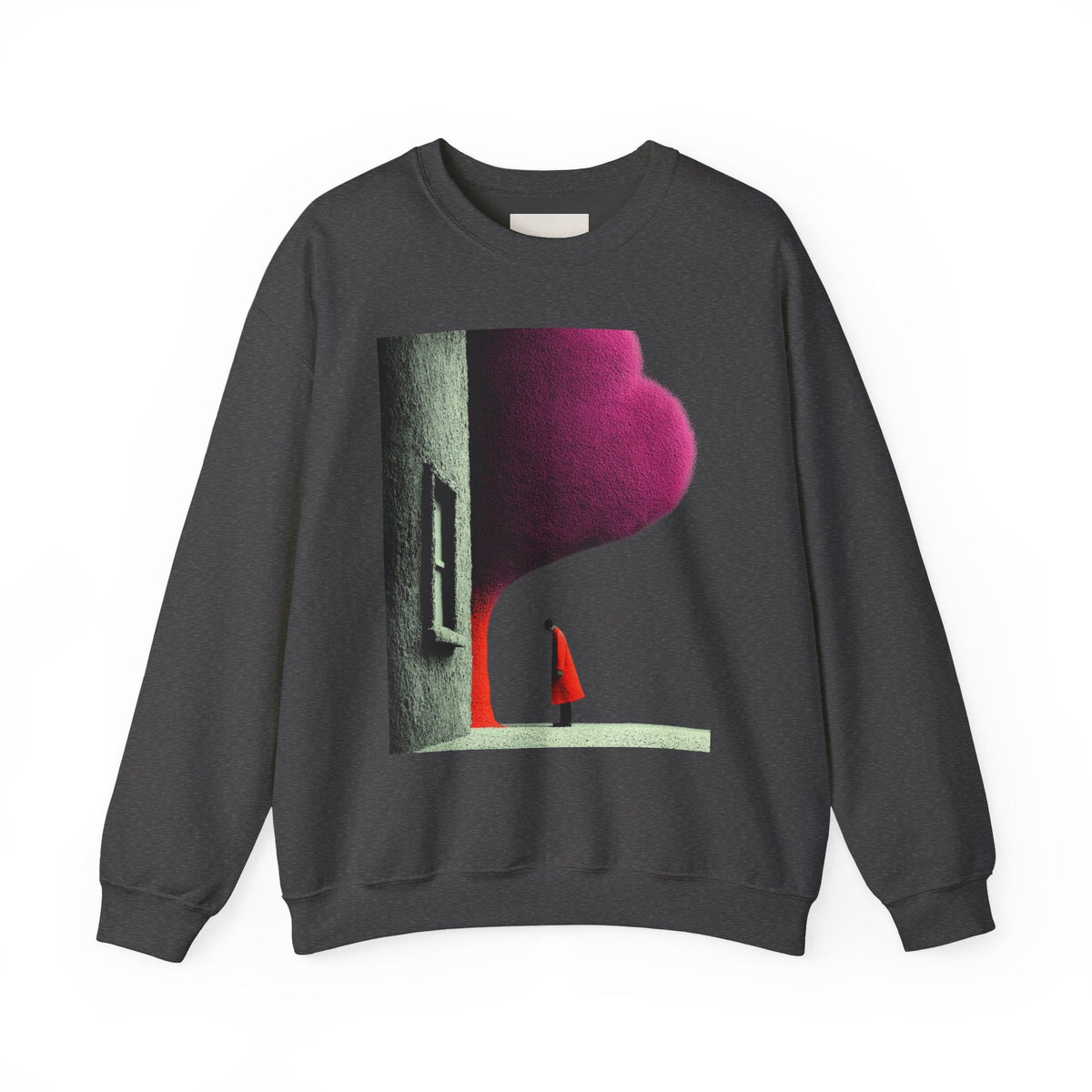 PURETE charcoal grey crewneck sweatshirt featuring a surreal artistic print of a person in a red coat by a tree.