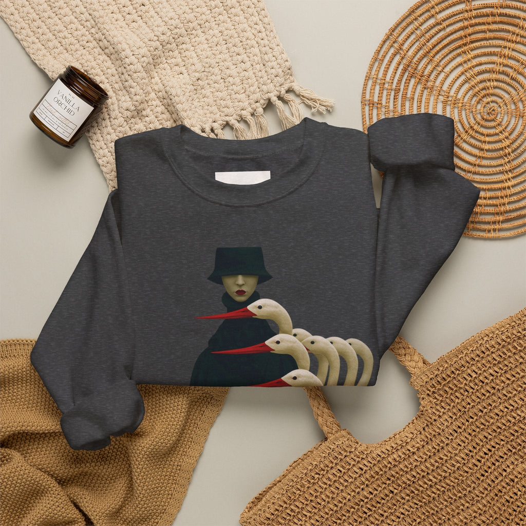 PURETE charcoal grey crewneck sweatshirt featuring a surreal graphic of a cloaked figure with bird-like heads