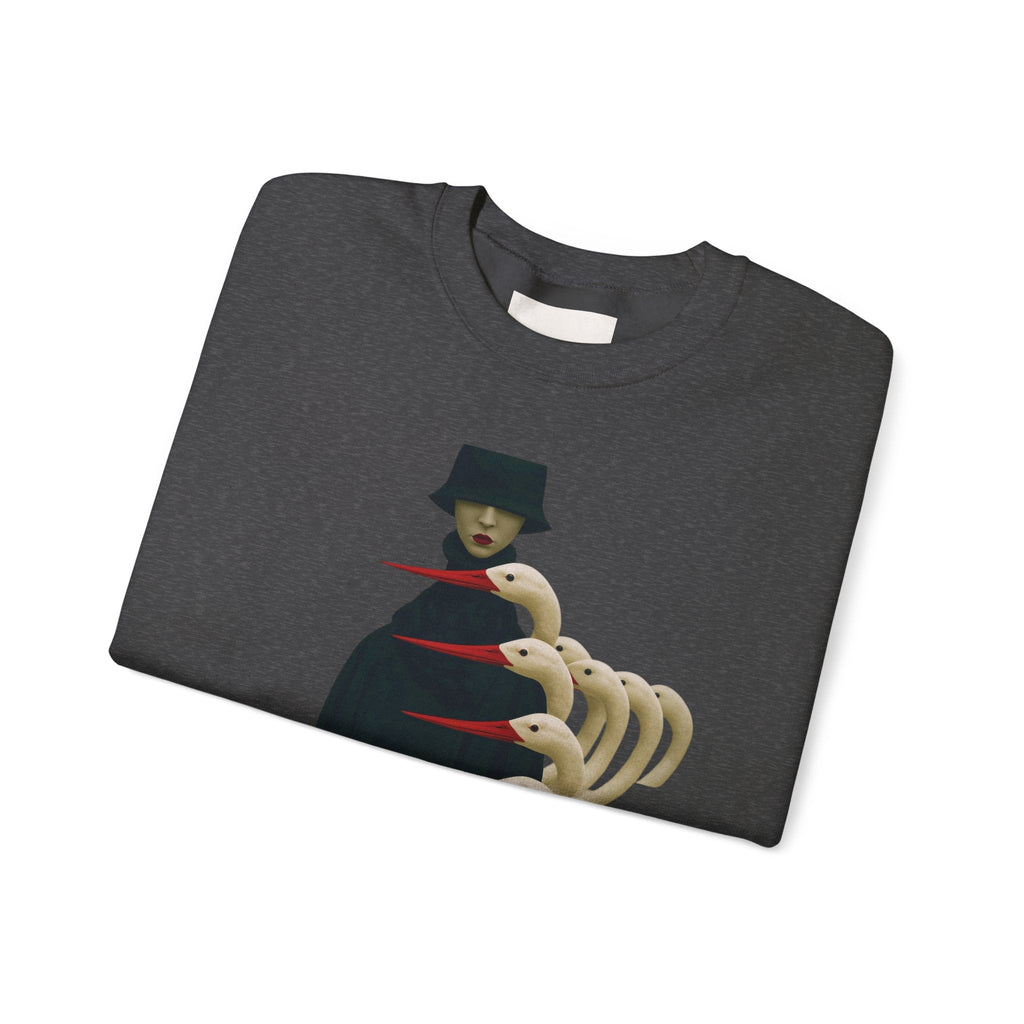 PURETE charcoal grey crewneck sweatshirt featuring a surreal graphic of a cloaked figure with white bird-like heads.