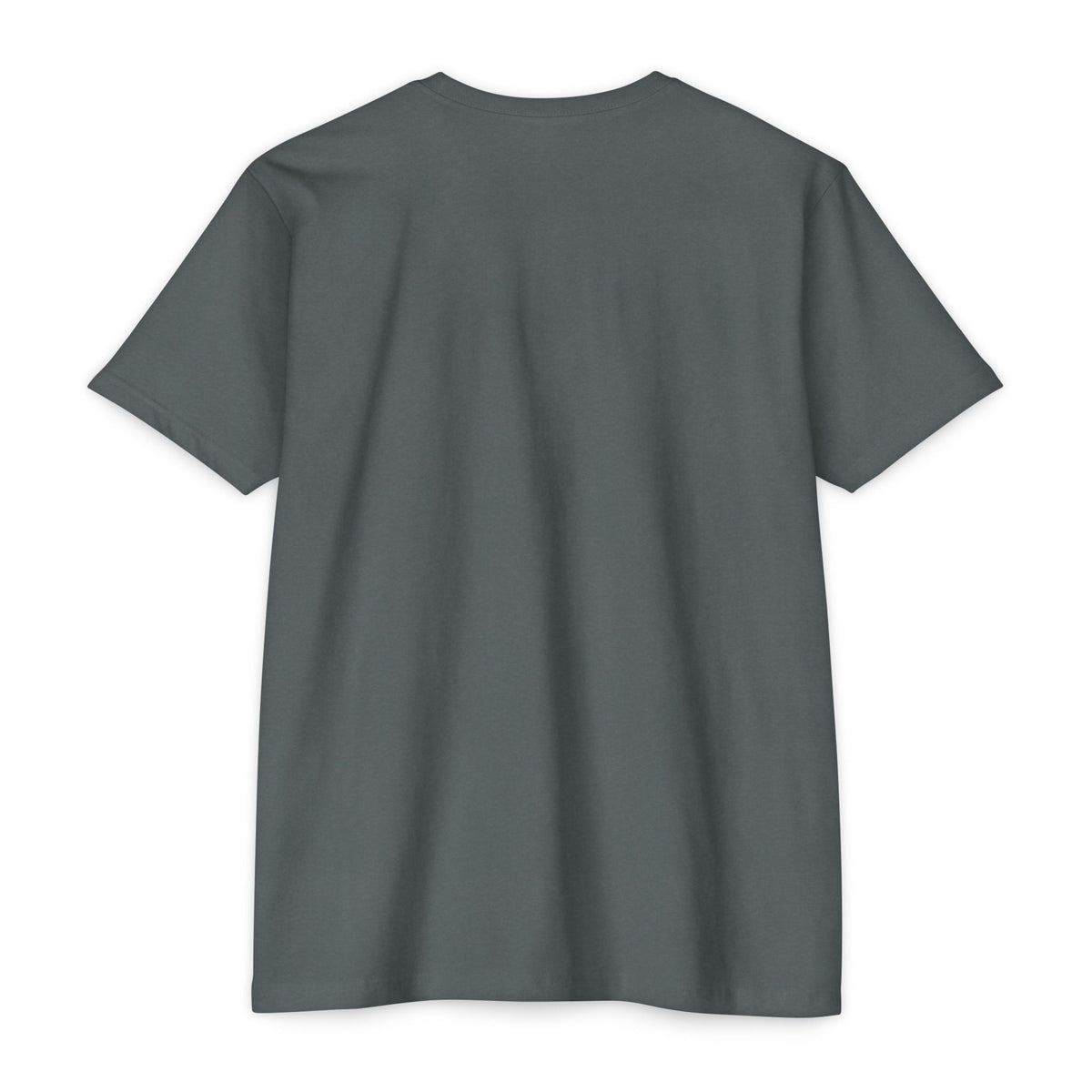 Back view of a PURETE unisex charcoal grey CVC jersey t-shirt made from a durable cotton-polyester blend.