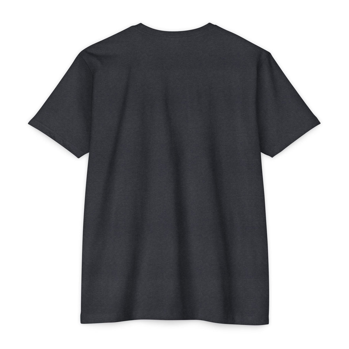 Back view of a PURETE unisex charcoal grey CVC jersey t-shirt made from a lightweight cotton-poly blend.