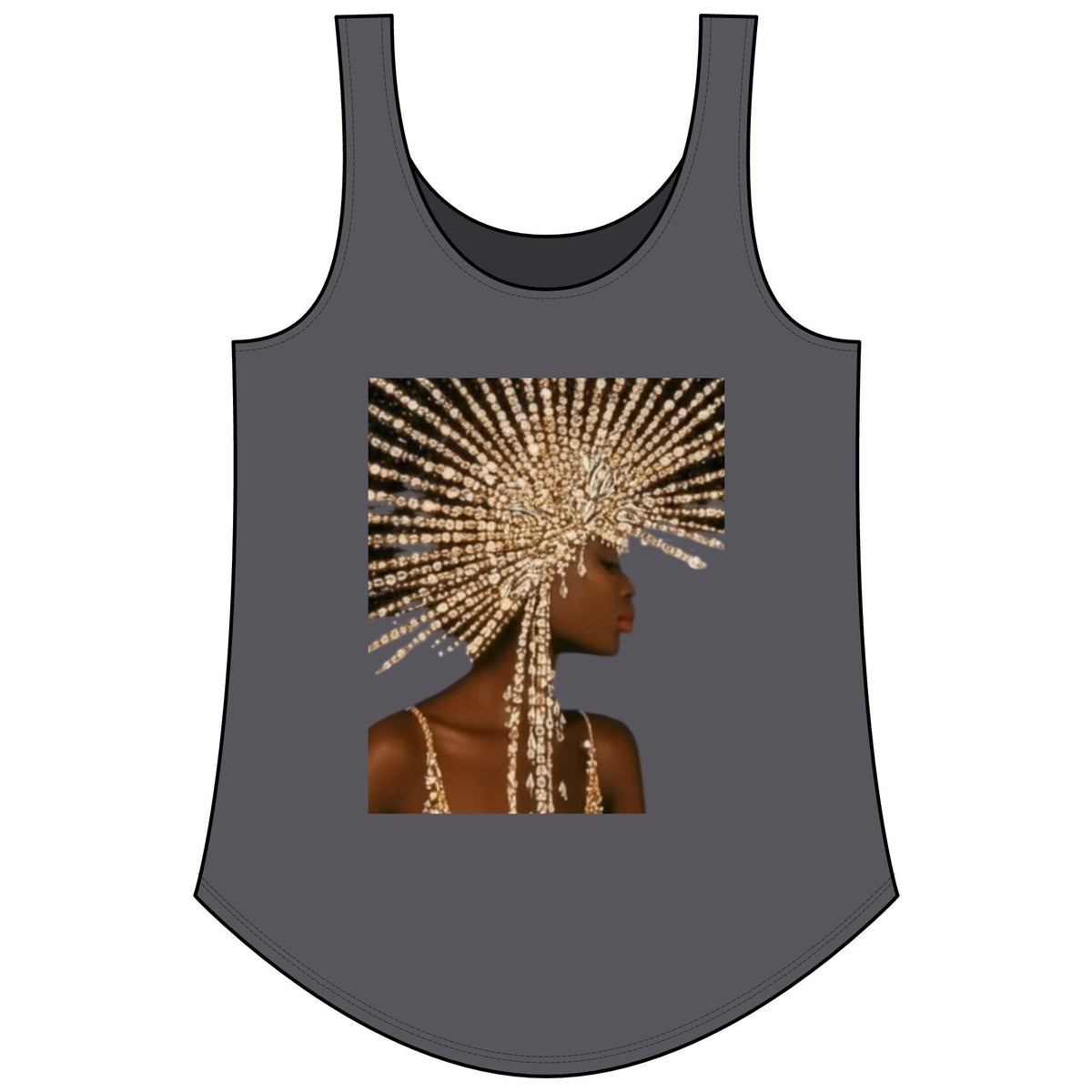 PURETE women's charcoal grey scoop neck tank top featuring a graphic print of a woman in a gold beaded headpiece.