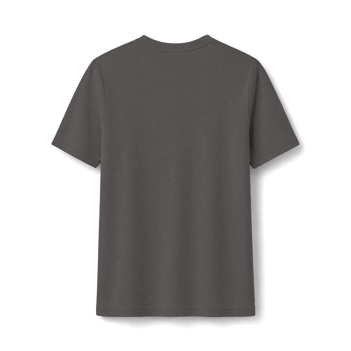 Back view of a plain dark grey PURETE fitted cotton-poly blend t-shirt with short sleeves and a crew neck.