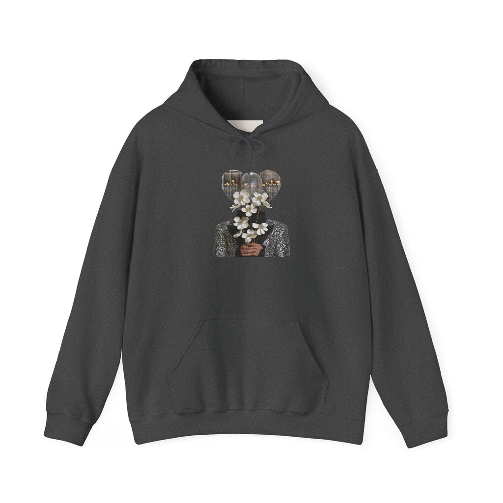 PURETE charcoal grey cotton-blend hoodie featuring a surreal graphic print of a person holding white flowers
