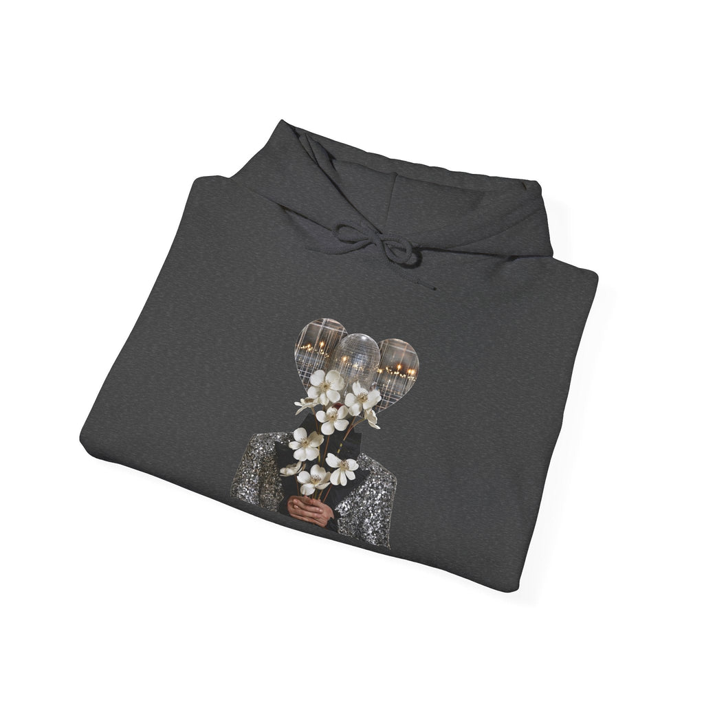 PURETE charcoal grey hoodie folded flat, featuring a graphic of a person with a disco ball head holding white flowers.