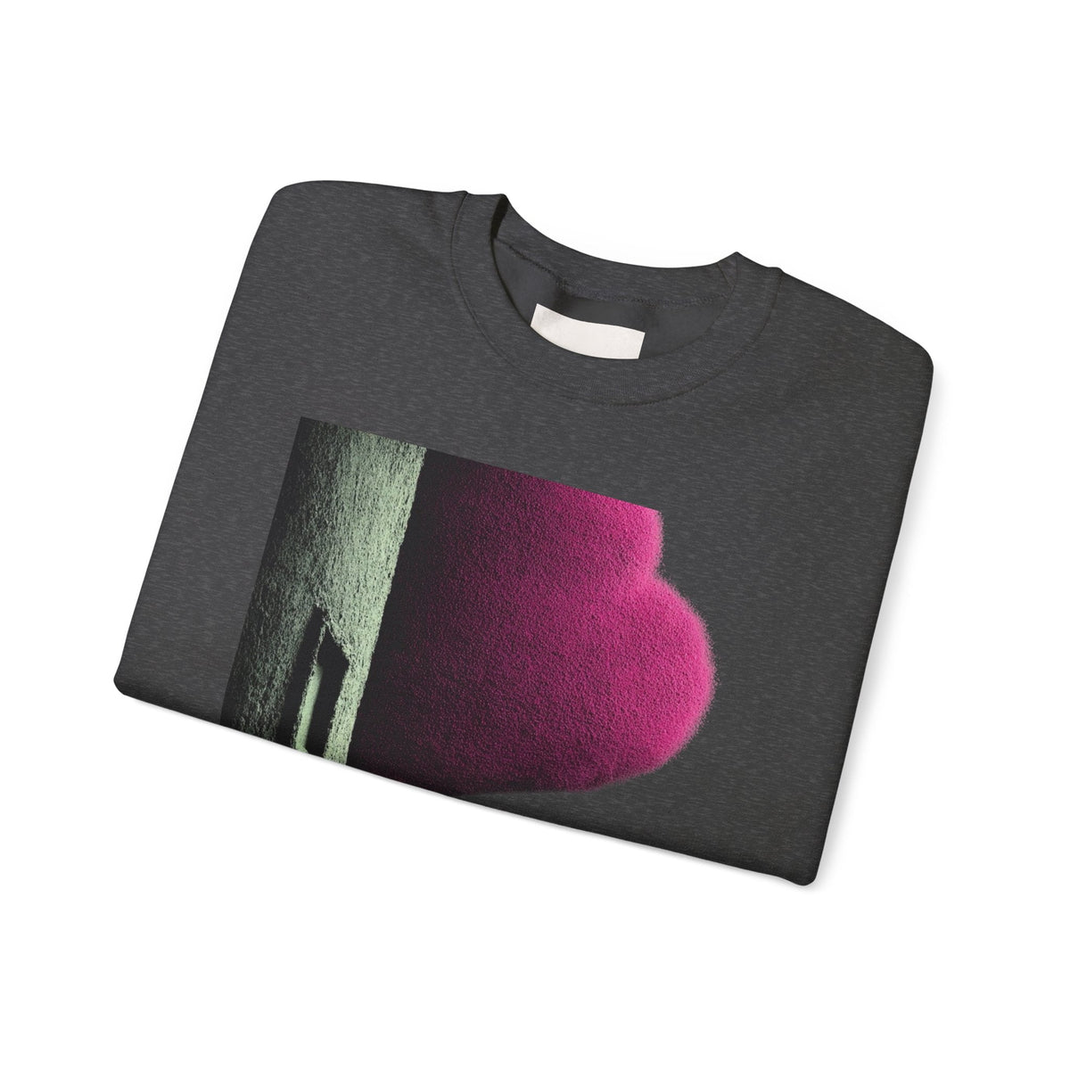 PURETE charcoal grey crewneck sweatshirt with a vibrant pink and light green abstract graphic print on the chest.