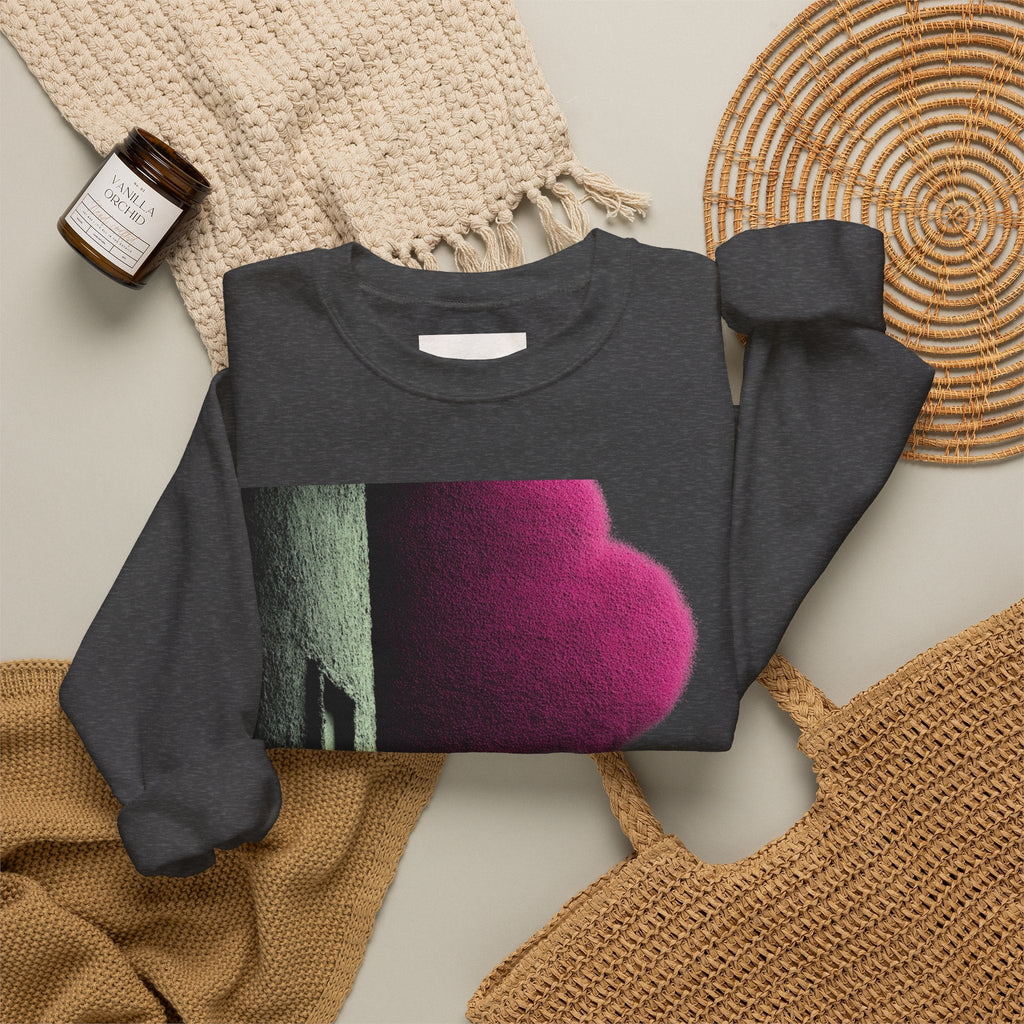 PURETE charcoal grey crewneck sweatshirt with a vibrant pink and green abstract graphic print on a neutral background.