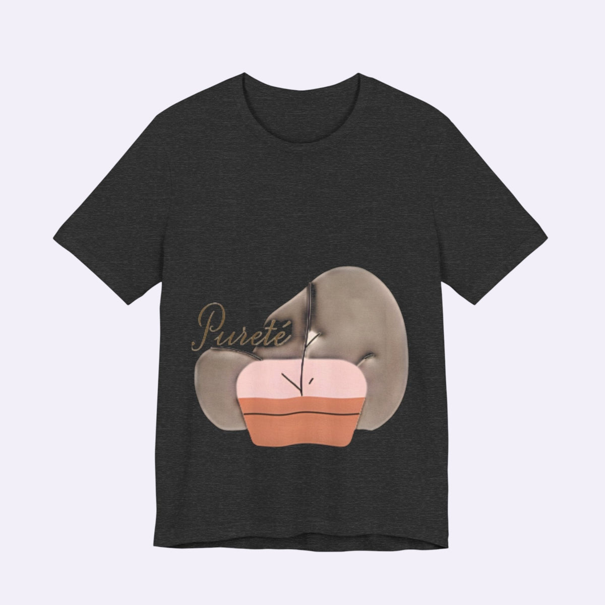 PURETE unisex charcoal grey jersey short sleeve t-shirt with a graphic print featuring abstract shapes and text