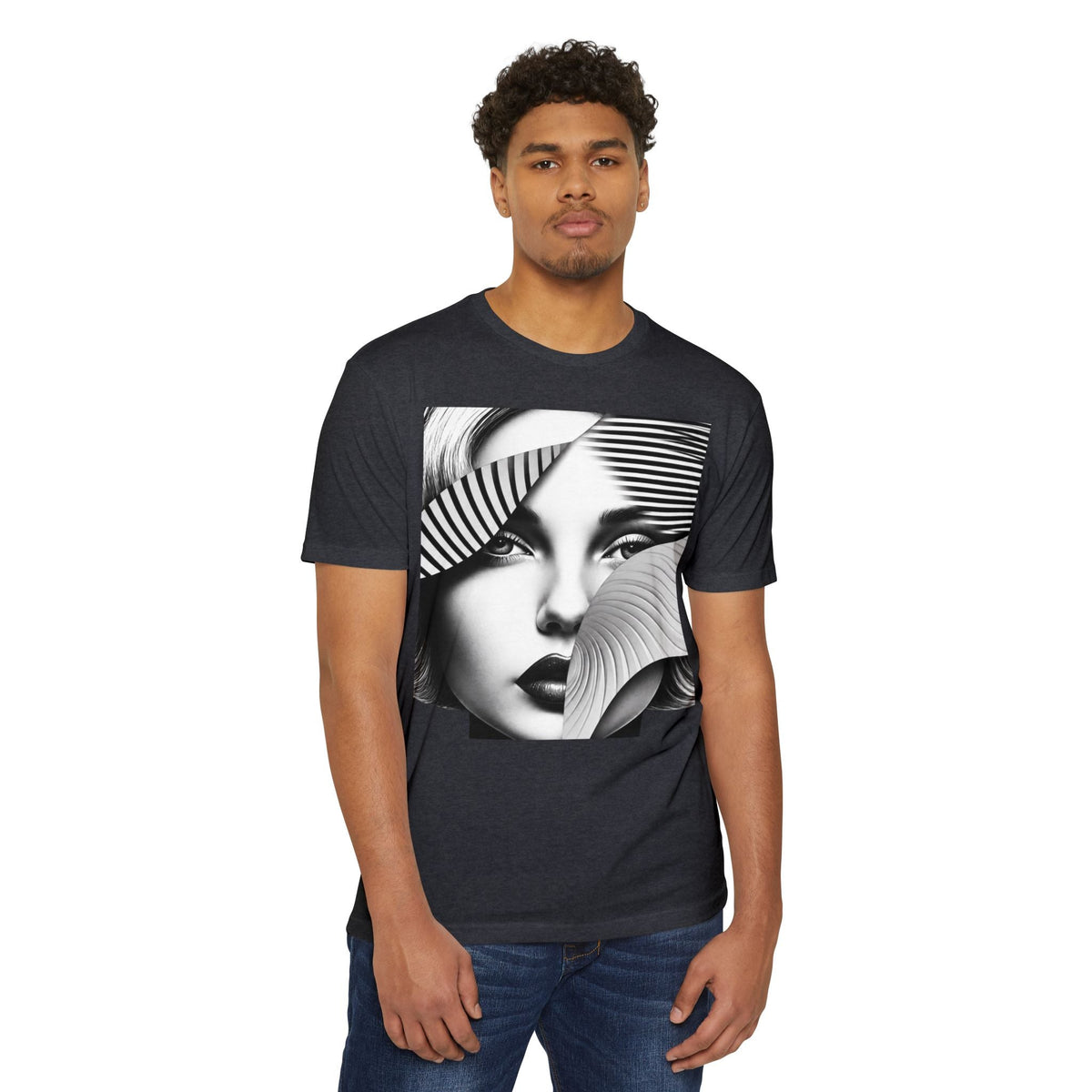 PURETE unisex charcoal grey CVC jersey t-shirt with a black and white abstract face graphic print on a male model