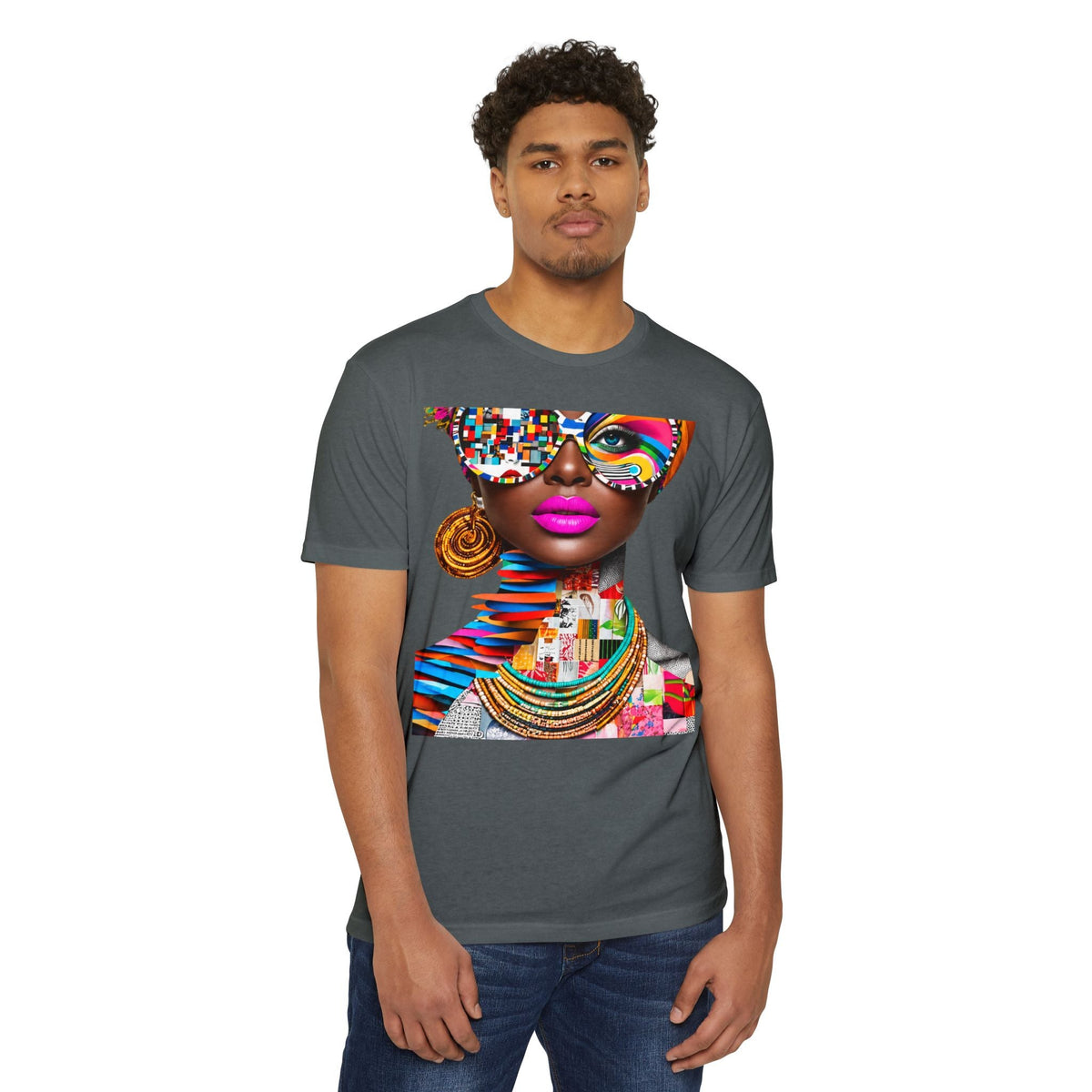 PURETE unisex charcoal grey CVC jersey t-shirt featuring a vibrant abstract portrait print on a male model