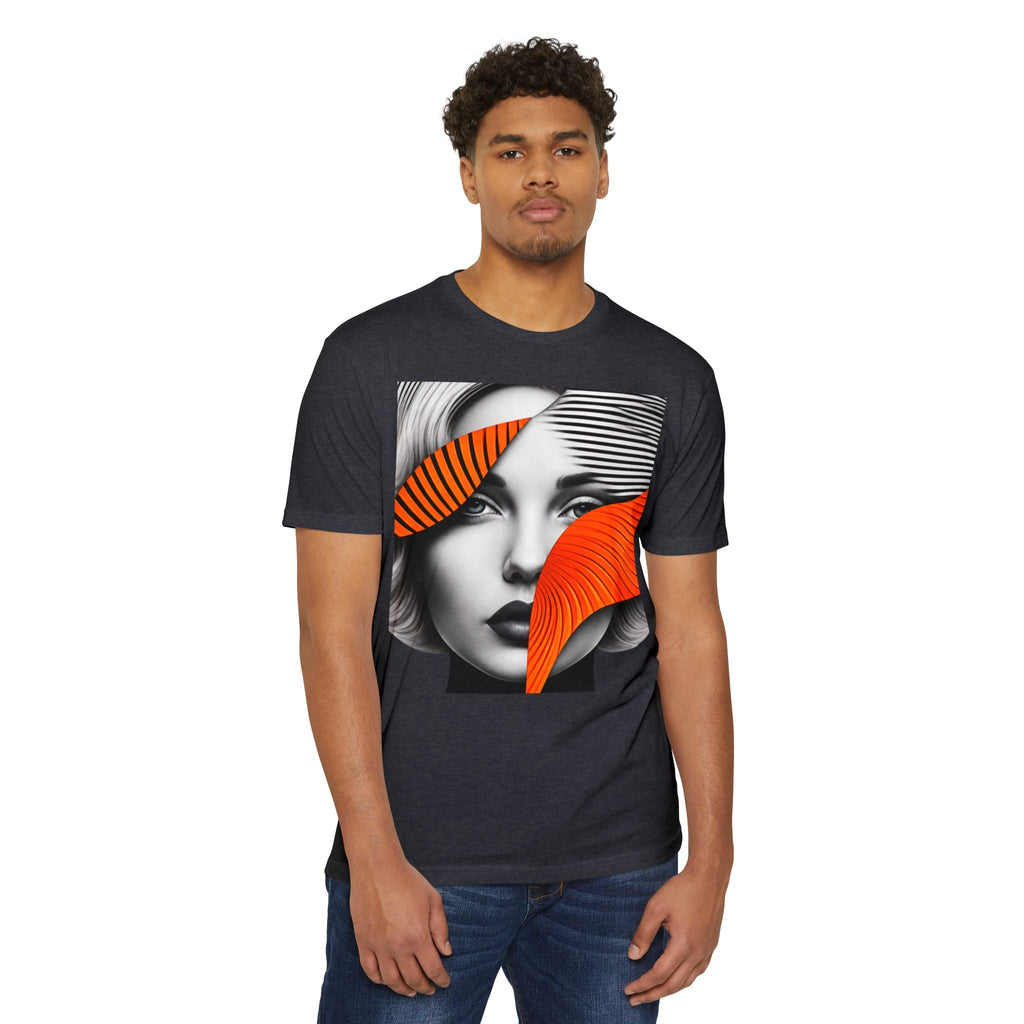 PURETE unisex charcoal grey CVC jersey t-shirt with a graphic print of a woman's face on a model
