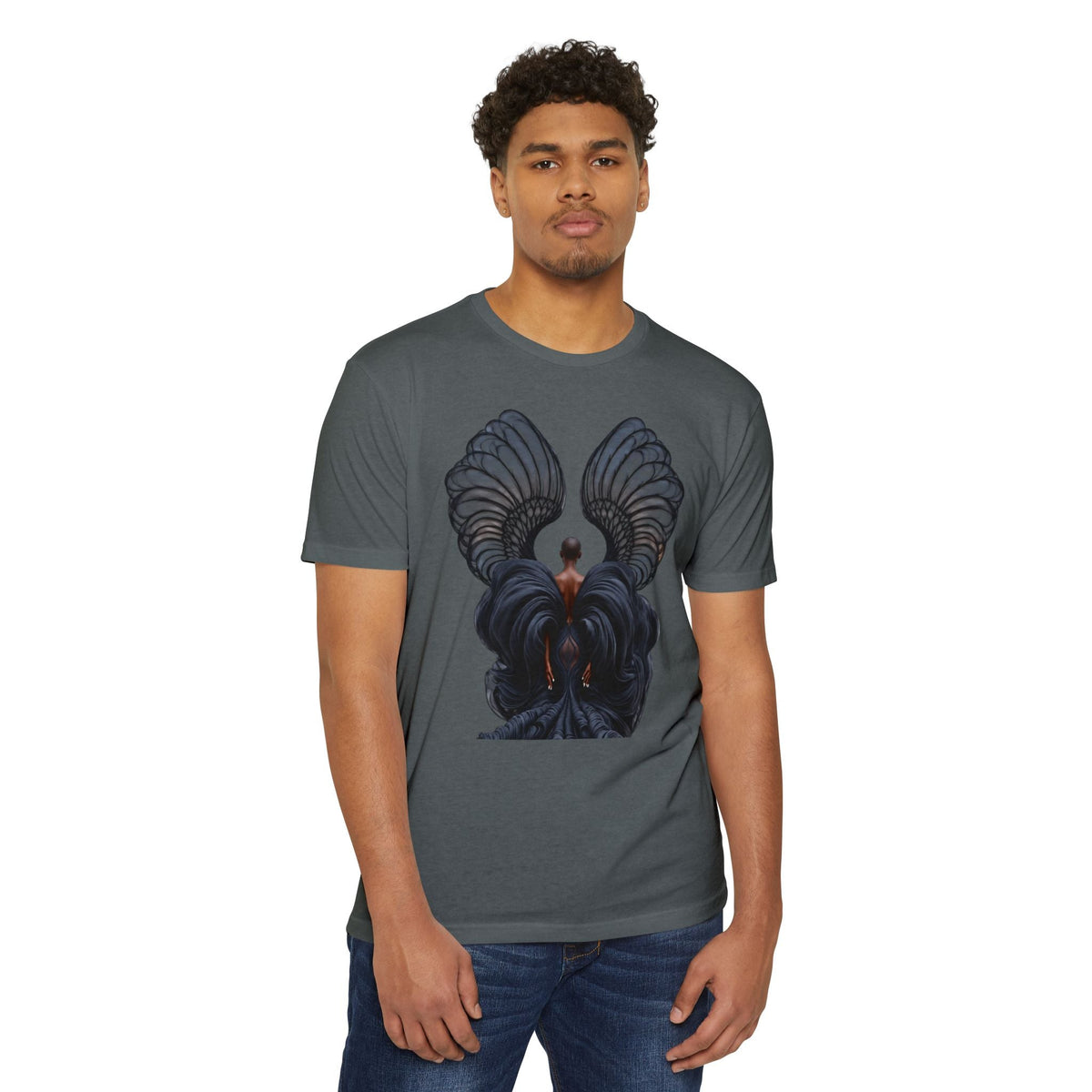 A man wearing a PURETE charcoal grey CVC jersey t-shirt with a graphic print of dark angel wings on the front.