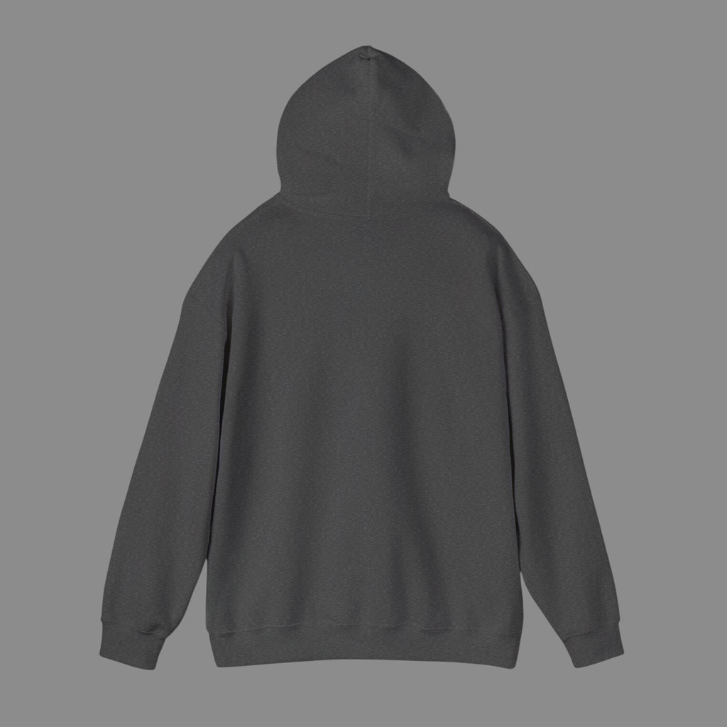 Back view of a dark grey PURETE unisex heavy blend hooded sweatshirt with a double-lined hood and ribbed cuffs.