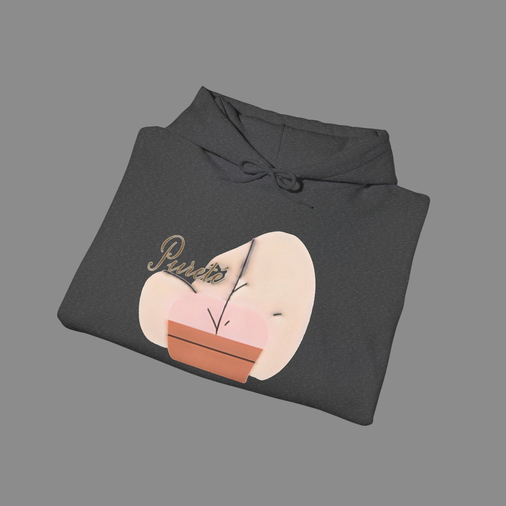 PURETE unisex heavy blend hooded sweatshirt in dark grey with a potted plant graphic and cursive brand logo