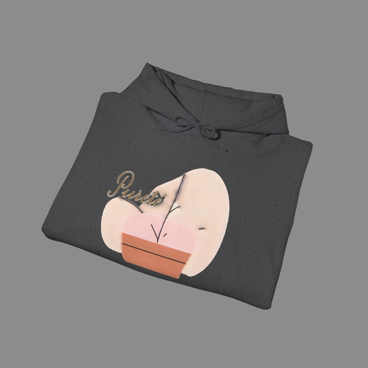 PURETE unisex heavy blend hooded sweatshirt in dark grey with a potted plant graphic and cursive brand logo