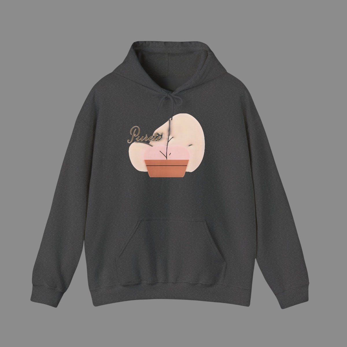 PURETE charcoal grey unisex heavy blend hooded sweatshirt with a front pouch pocket and abstract plant graphic