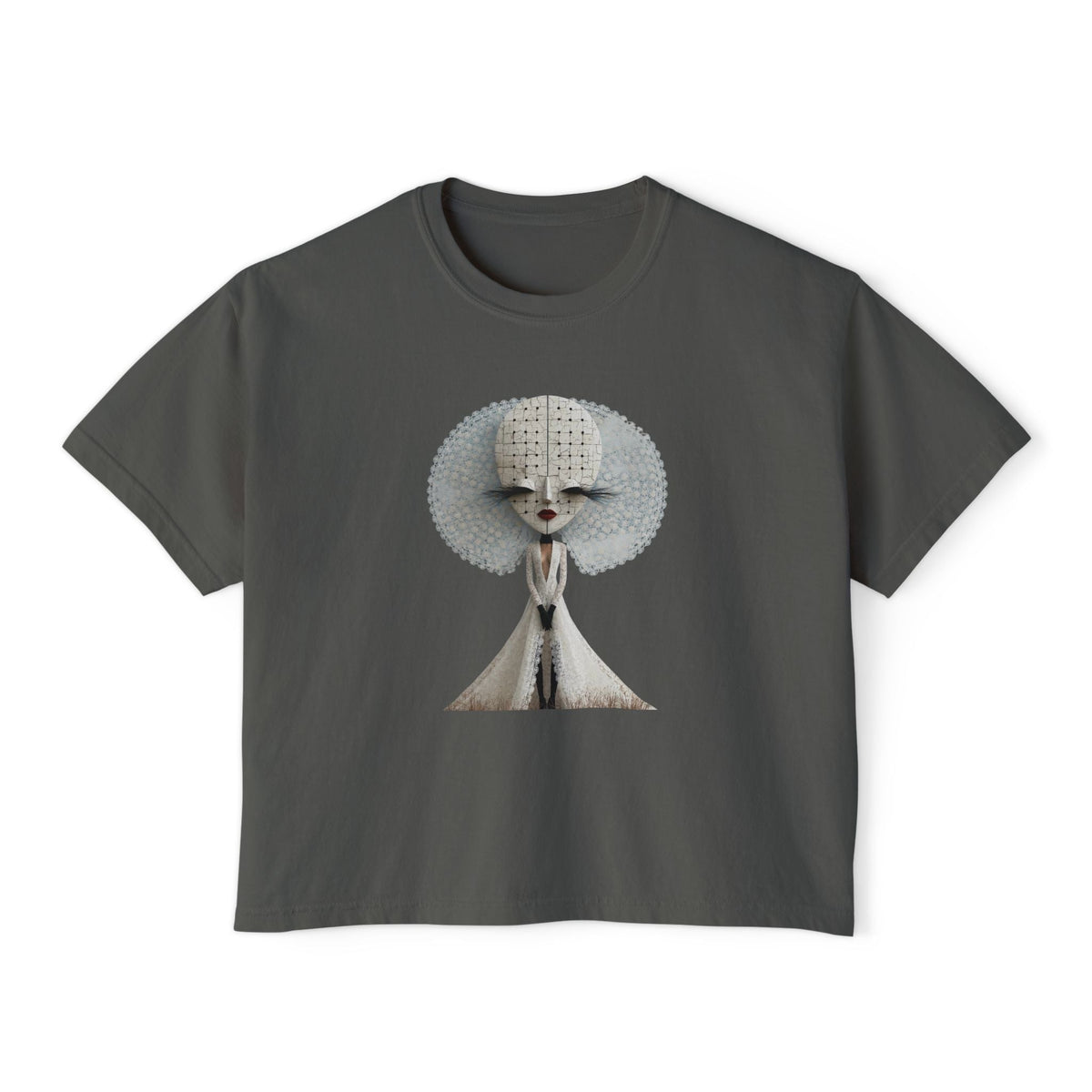 PURETE charcoal grey boxy cotton t-shirt featuring a vintage-style illustrated portrait of a groomed poodle