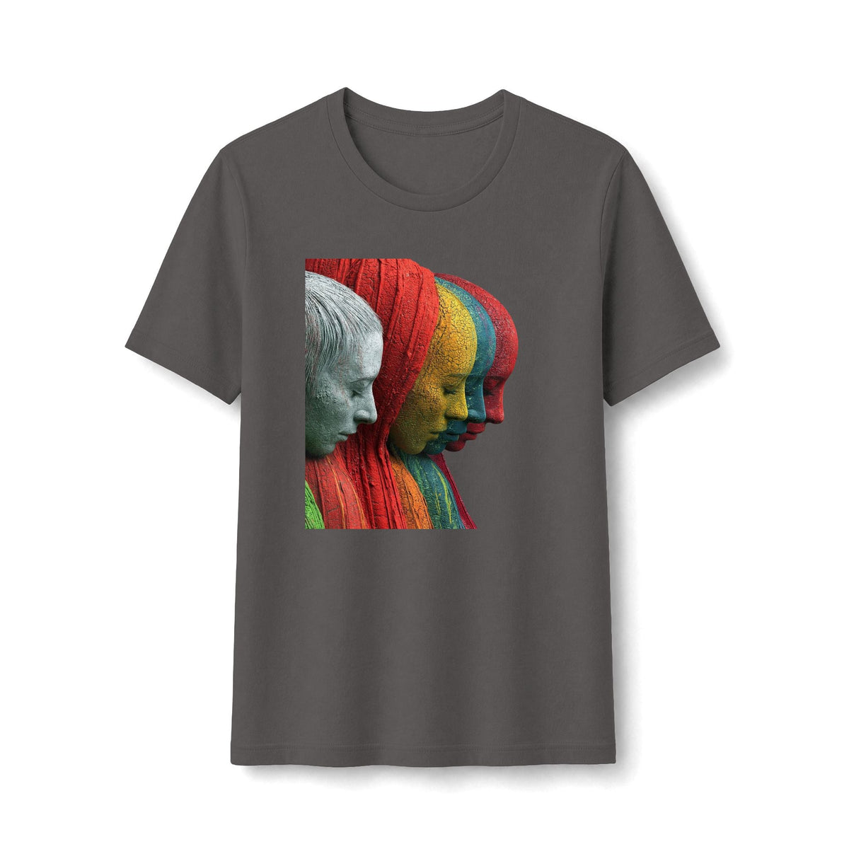 PURETE charcoal grey fitted t-shirt featuring a vibrant graphic of four colorful, textured sculptural portrait heads.