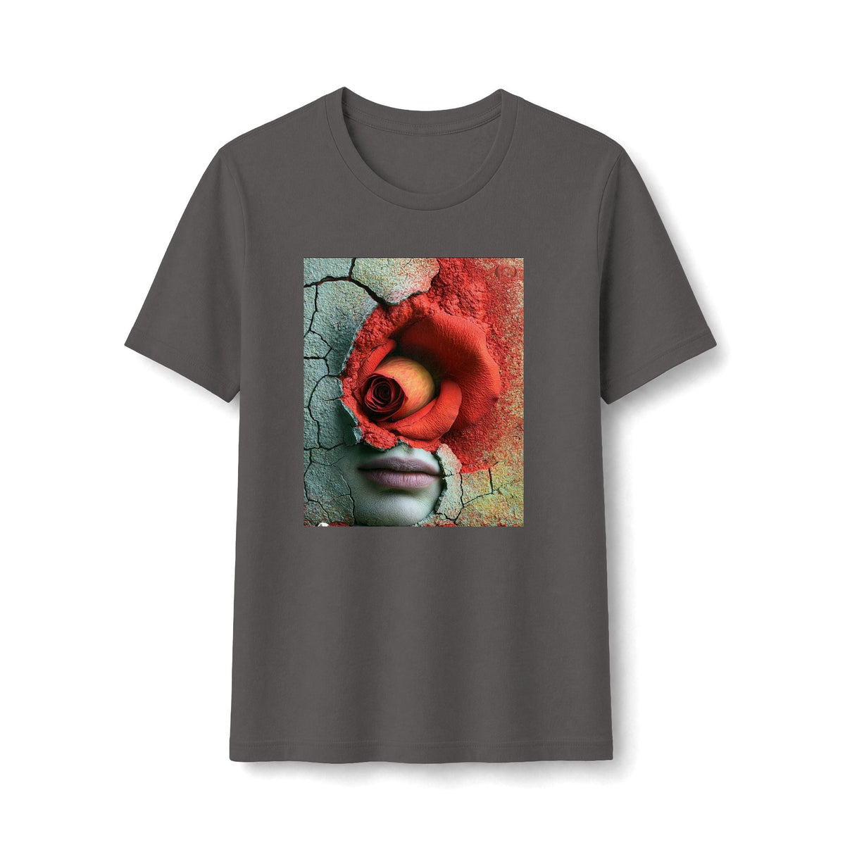 PURETE charcoal grey fitted graphic t-shirt featuring a surreal portrait with a red rose and cracked wall texture.