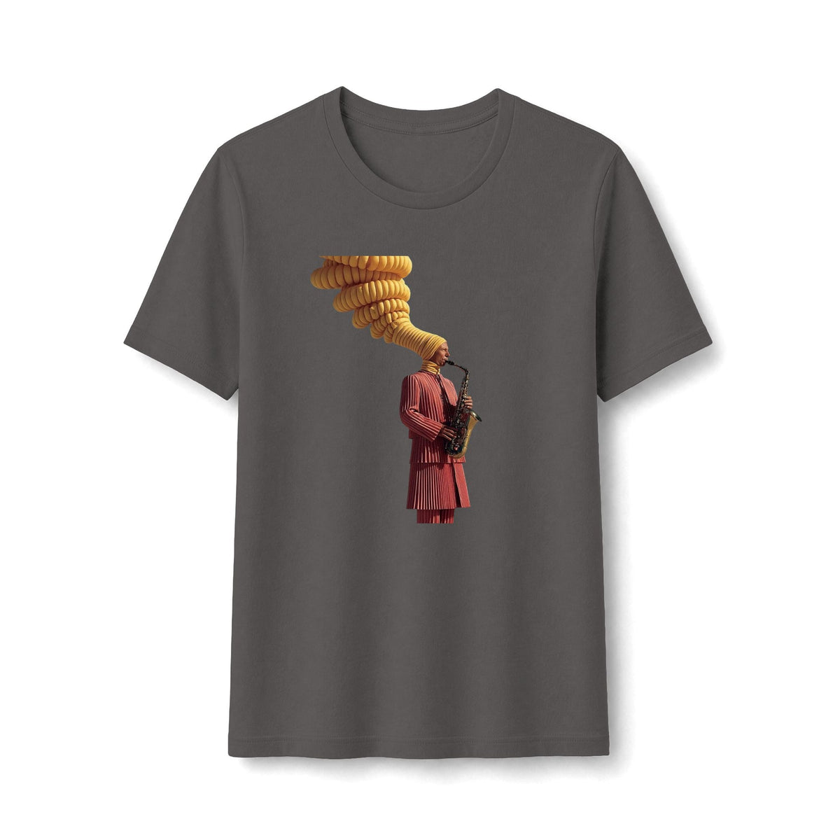 PURETE charcoal grey women's tee featuring a surreal graphic of a saxophonist in a red suit with golden musical notes.