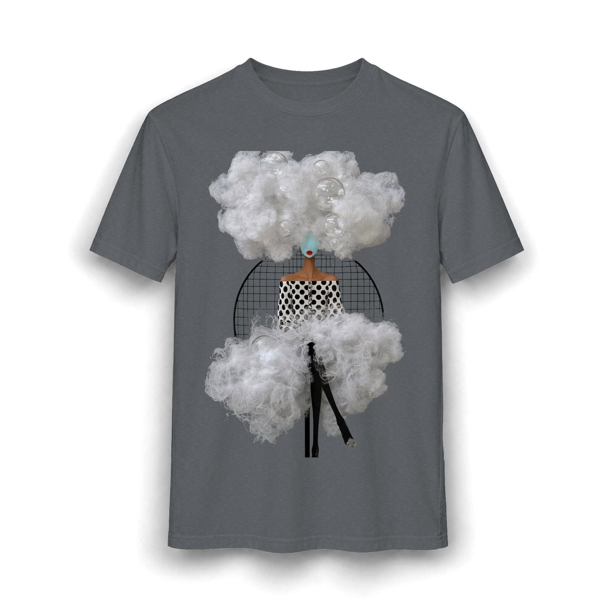 PURETE charcoal grey graphic t-shirt featuring an abstract surrealist collage of a woman surrounded by clouds.