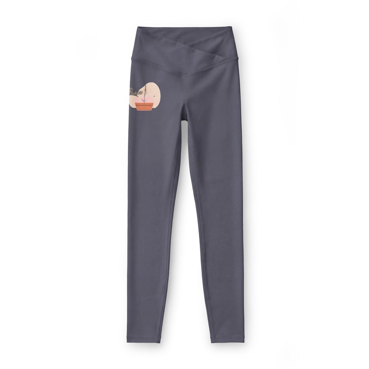 PURETE high-rise yoga leggings in dark grey with a floral heart graphic on the hip and a cross-front waistband.