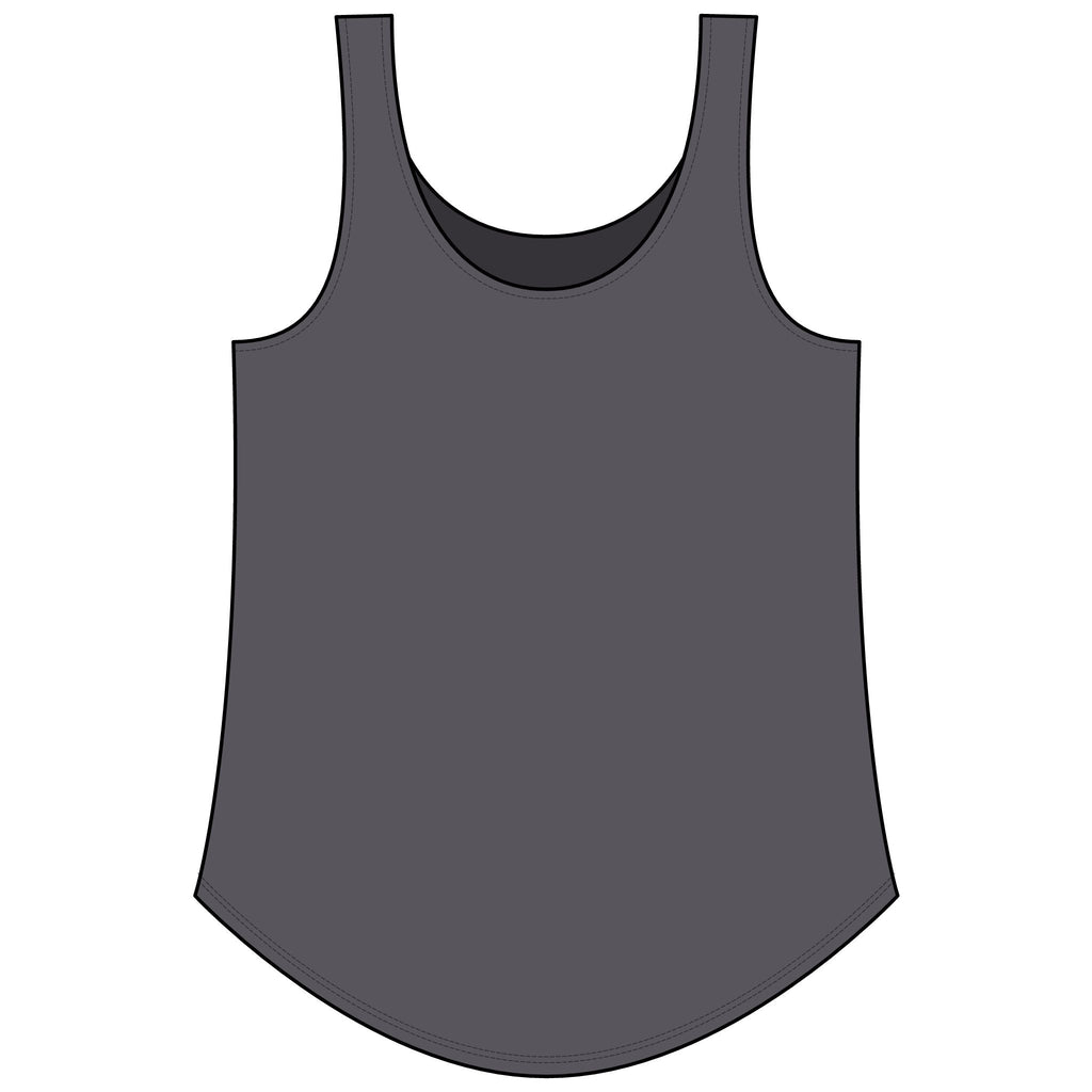 PURETE women's charcoal grey scoop neck tank top with a curved hem and side seams in a soft polyester cotton blend.