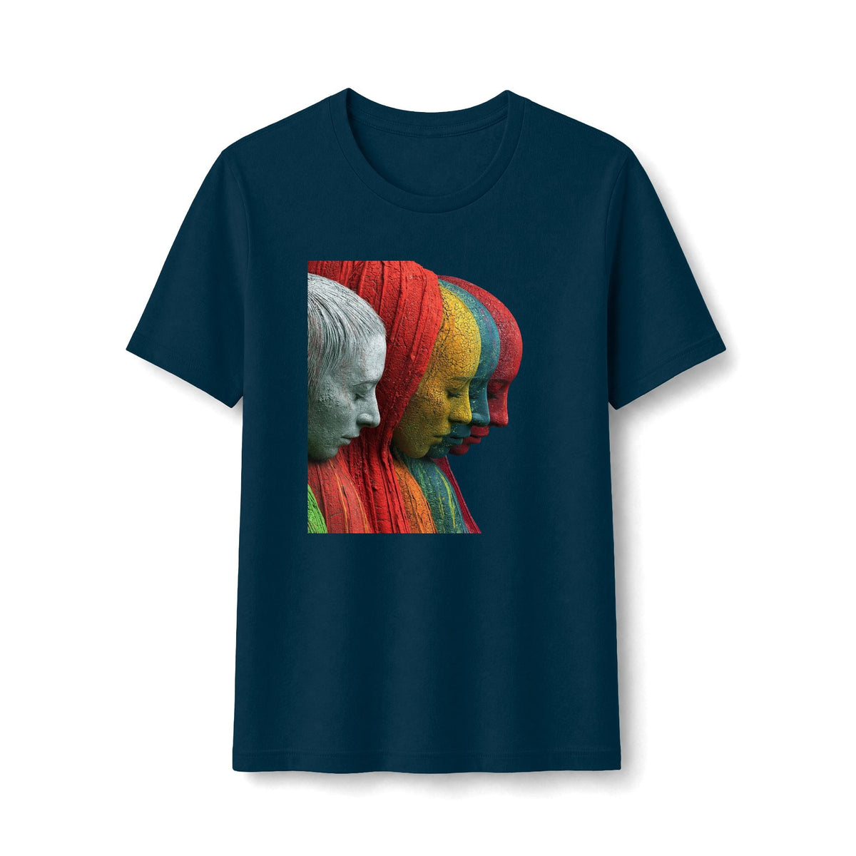 PURETE women's fitted tee in dark blue featuring a colorful layered portrait graphic of sculptural faces.