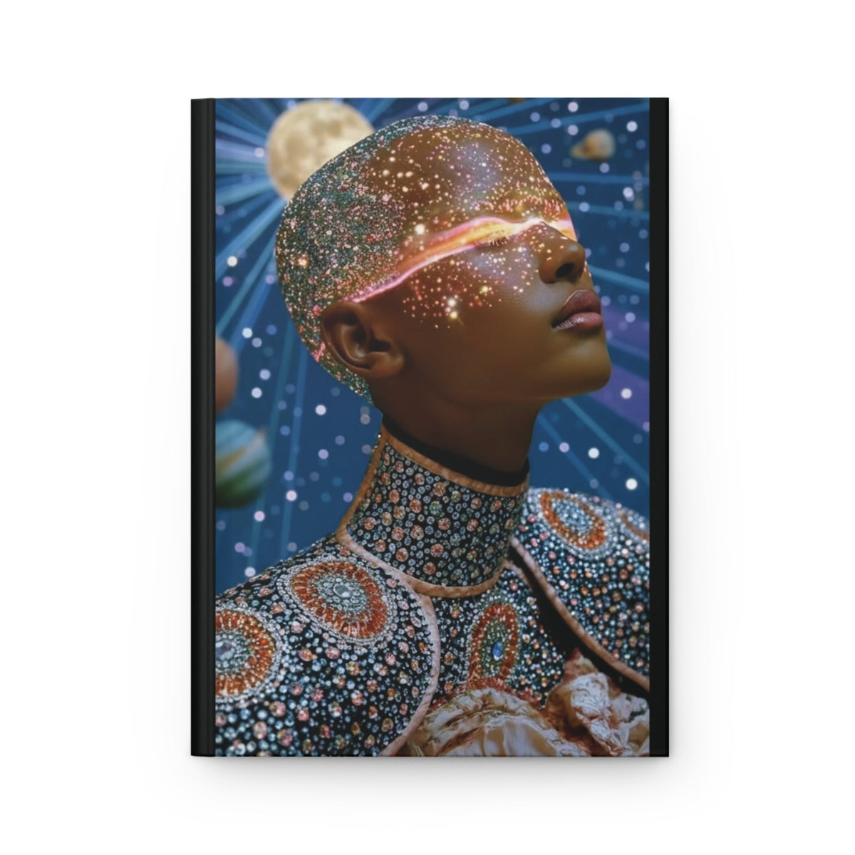 PURETE hardcover journal featuring a surreal cosmic portrait of a person with a starry head and glowing eyes.