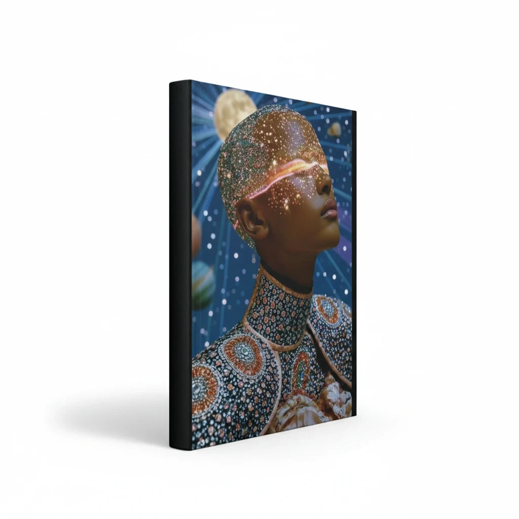 PURETE hardcover journal featuring a surreal cosmic portrait of a woman with a starry galaxy head and space background