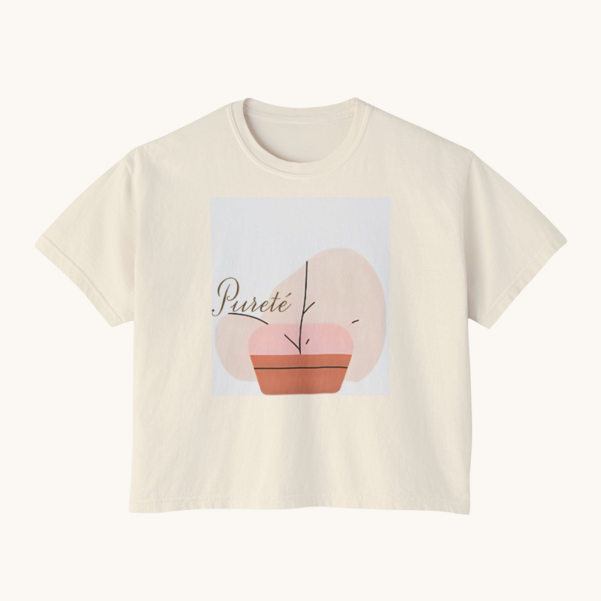 PURETE women's cream boxy cotton t-shirt with an abstract potted plant graphic print on the front
