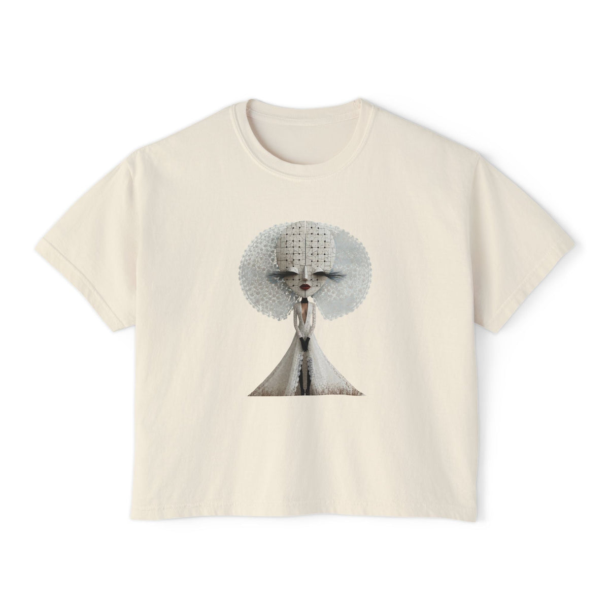 PURETE boxy cropped t-shirt in cream cotton featuring a vintage-style symmetrical poodle portrait graphic