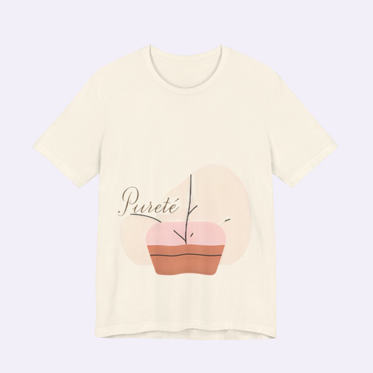 PURETE unisex cream jersey short sleeve t-shirt featuring a minimalist potted plant graphic with soft pastel colors.