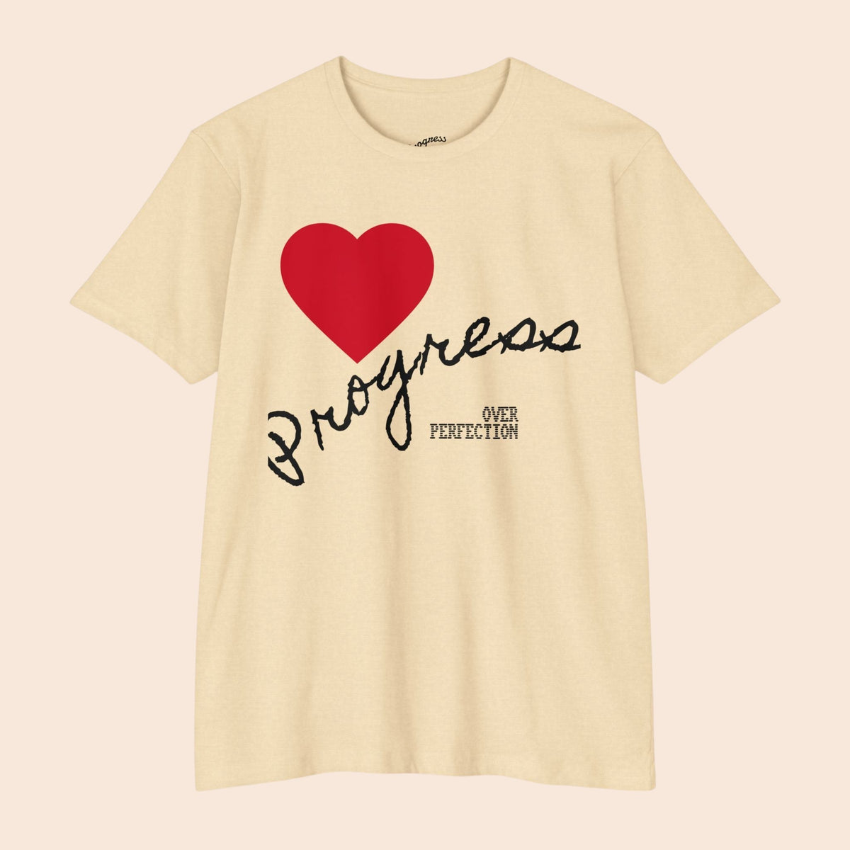 PURETE beige cotton blend t-shirt featuring a red heart and Progress Over Perfection hand-lettered graphic