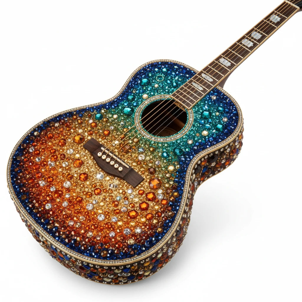 PURETE acoustic guitar fully encrusted with a vibrant gradient of blue, green, and orange sparkling crystals