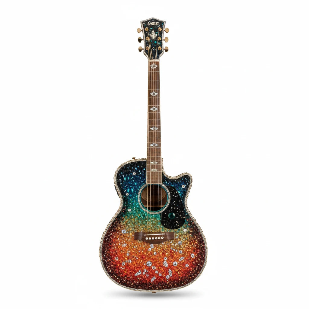 PURETE acoustic guitar featuring a vibrant, multi-colored crystal-encrusted gradient design on the body and headstock.