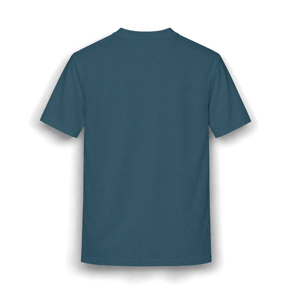 Back view of a plain dark blue heathered PURETE relaxed-fit cotton blend t-shirt.