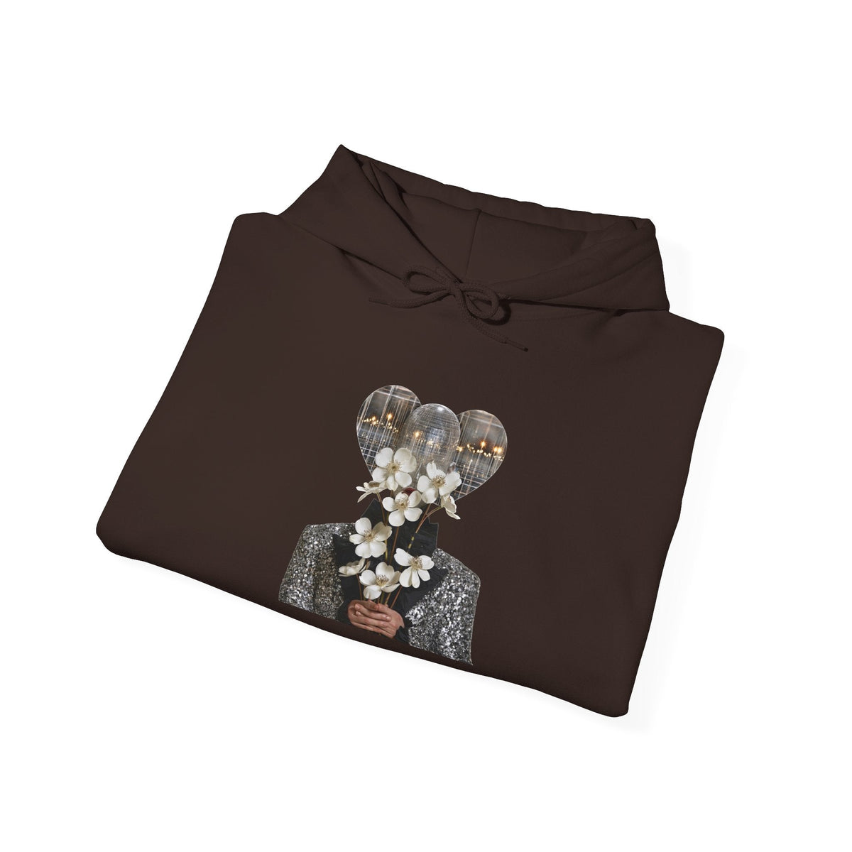 PURETE dark brown hoodie featuring a graphic of a person holding white flowers with disco ball balloons for a head.