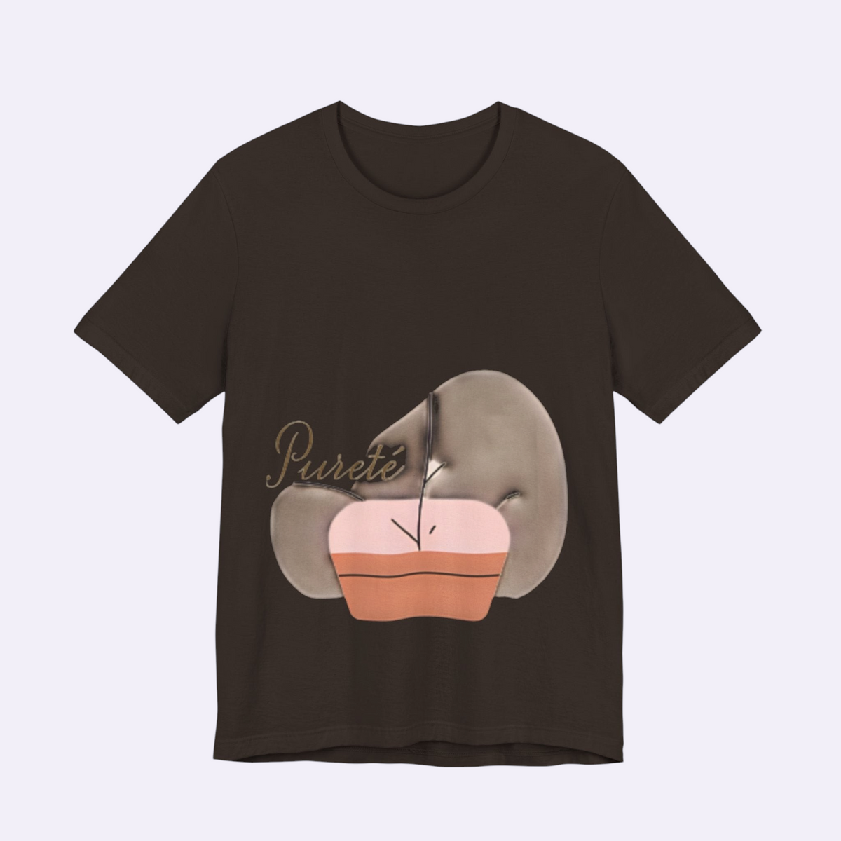 PURETE unisex dark brown crew neck jersey t-shirt with a minimalist abstract graphic print on the chest.