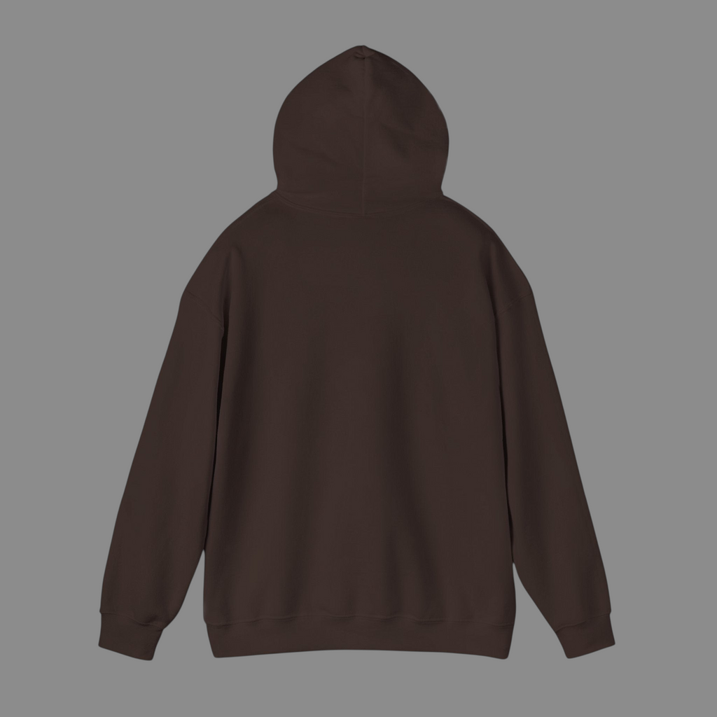 Back view of a PURETE unisex dark brown cotton-poly blend hooded sweatshirt with a double-lined hood.