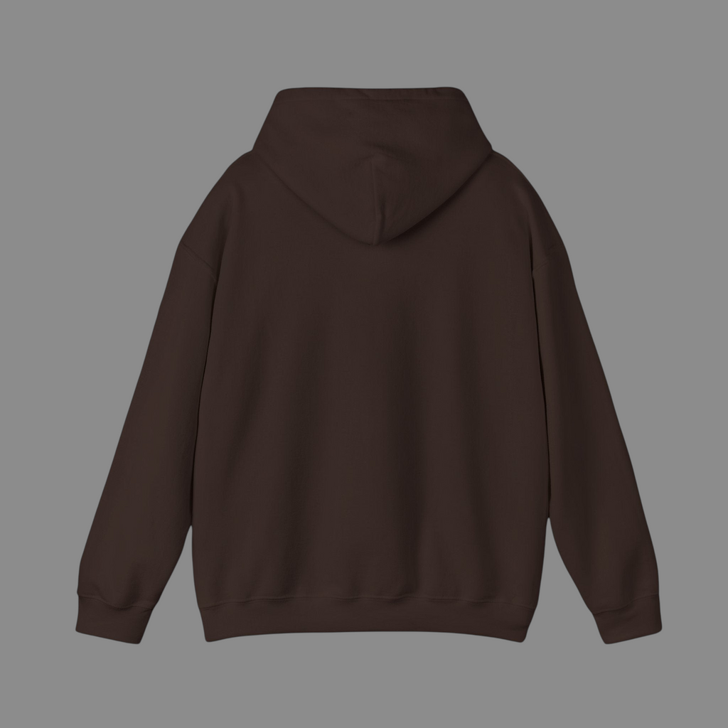 Back view of a PURETE unisex dark brown cotton-poly blend hooded sweatshirt with a double-lined hood.