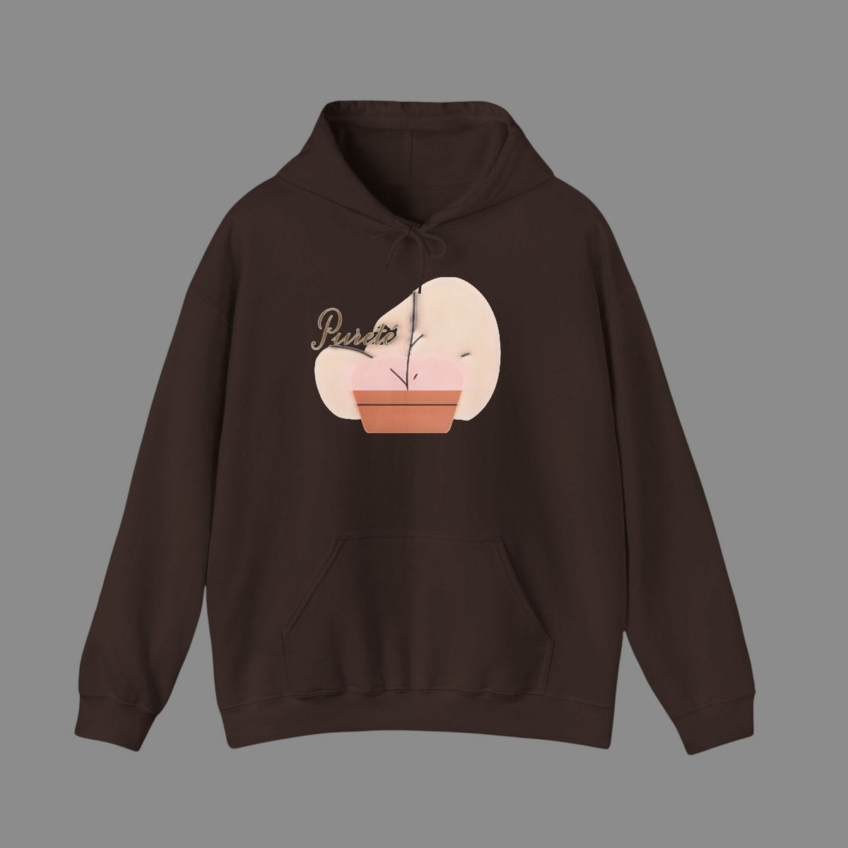 PURETE unisex dark brown hooded sweatshirt with a front graphic of a potted plant and brand logo