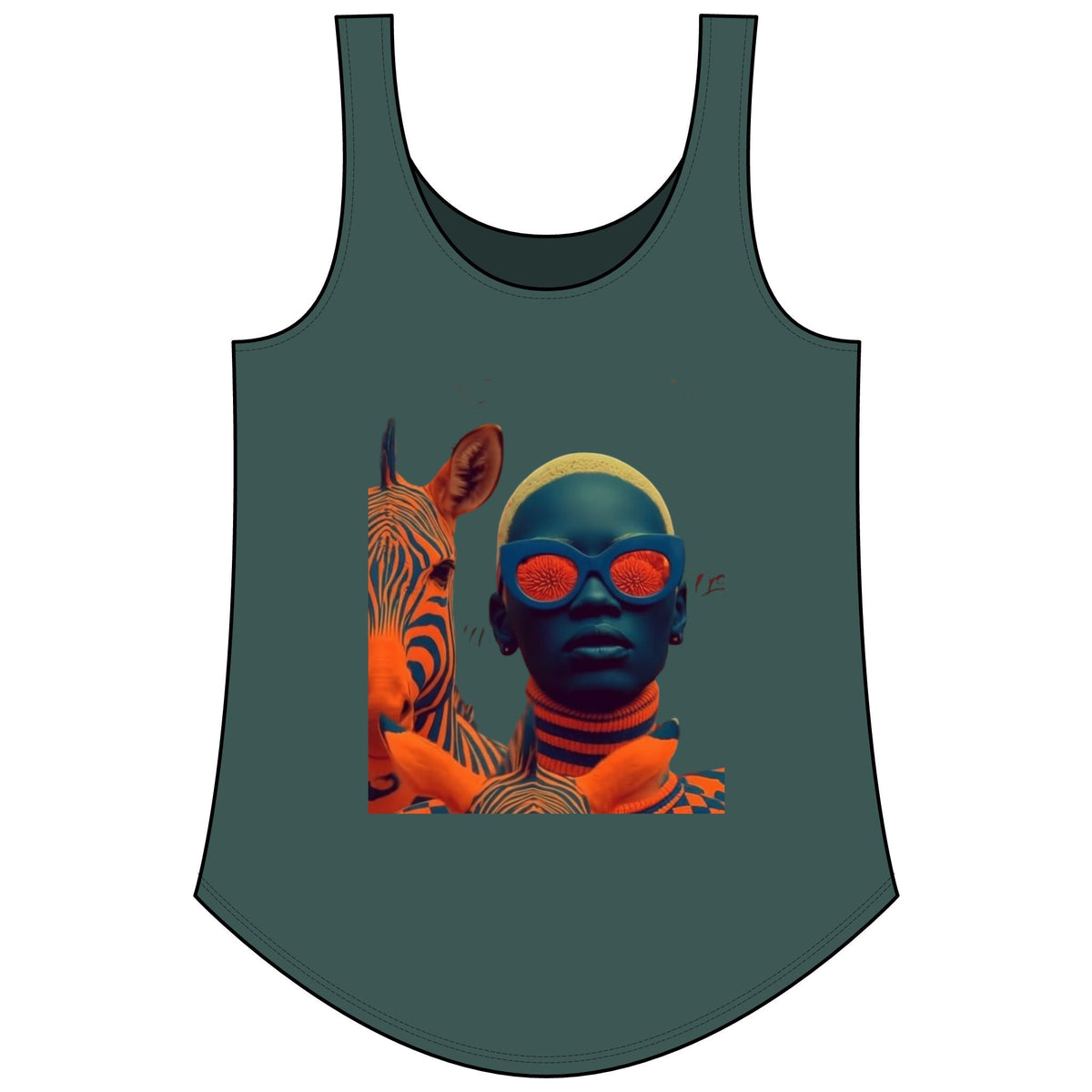 PURETE women's dark green scoop neck tank top featuring a graphic print of a person with zebra and orange accents.