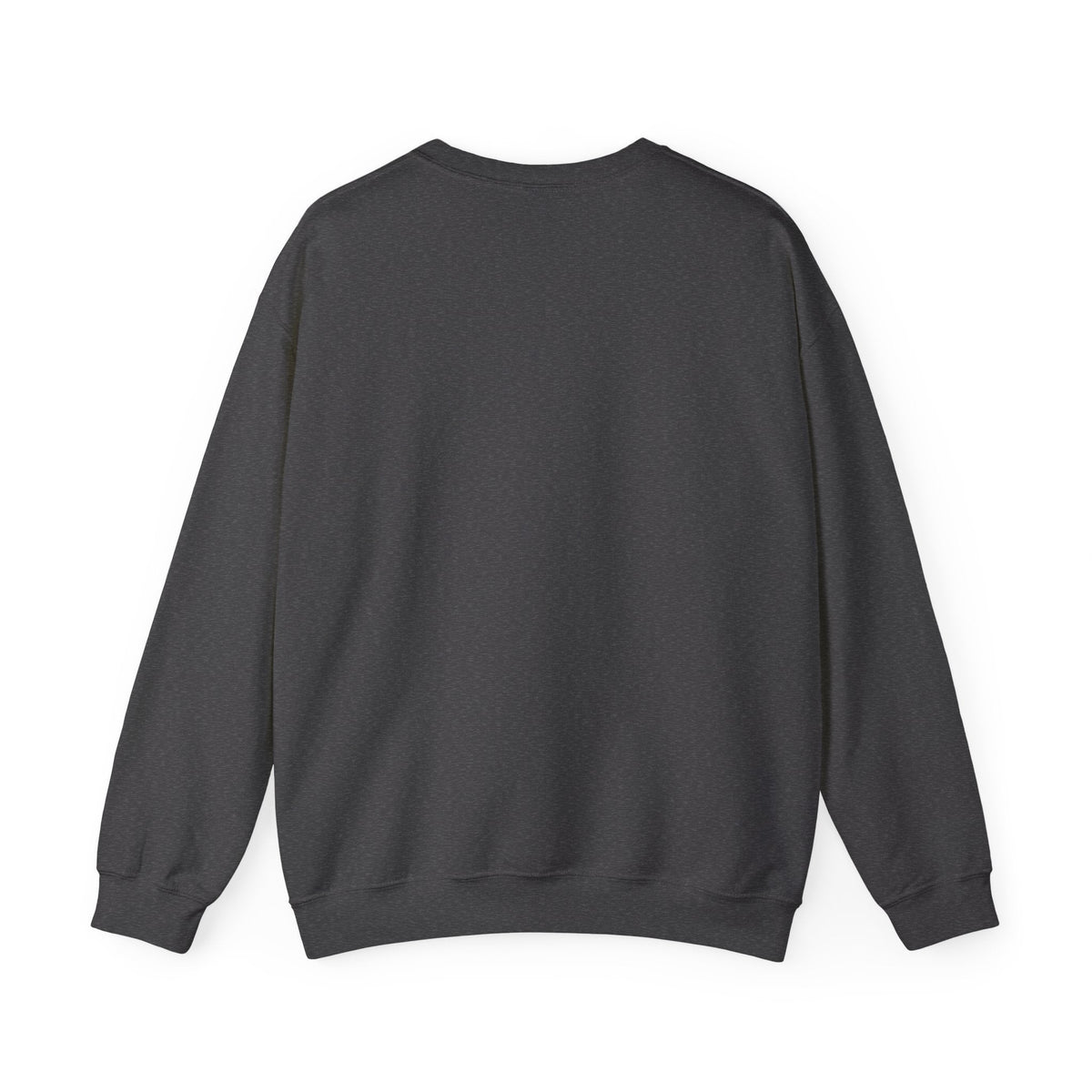 Back view of a PURETE dark grey crewneck sweatshirt made from a soft cotton-poly blend with ribbed cuffs and hem.