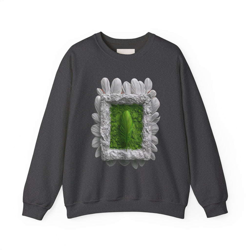 PURETE crewneck sweatshirt in dark grey featuring a green portal graphic framed by white feathers and stone texture.
