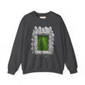 PURETE crewneck sweatshirt in dark grey featuring a green portal graphic framed by white feathers and stone texture.