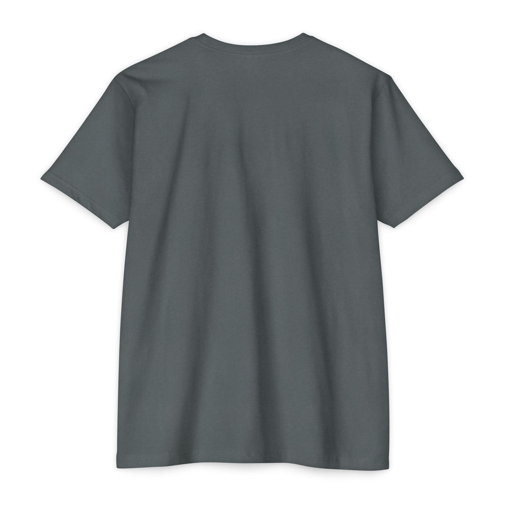 PURETE unisex charcoal grey CVC jersey t-shirt, back view of a lightweight cotton-poly blend classic fit tee.