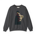 PURETE crewneck sweatshirt in dark grey featuring a gothic illustration of a cloaked figure with skeletal hands.