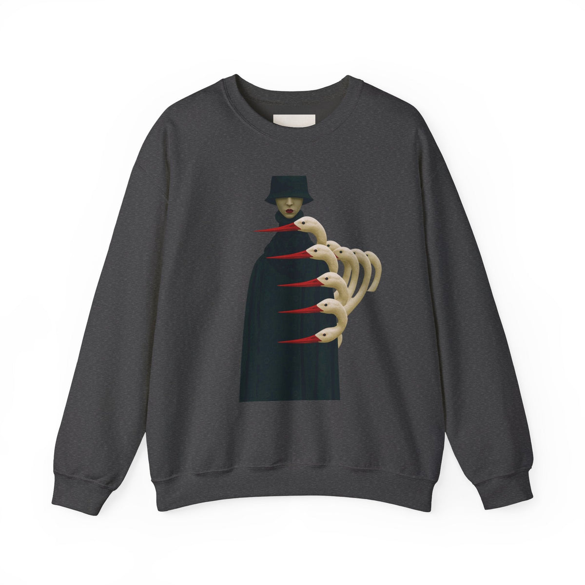 PURETE crewneck sweatshirt in dark grey featuring a gothic illustration of a cloaked figure with skeletal hands.